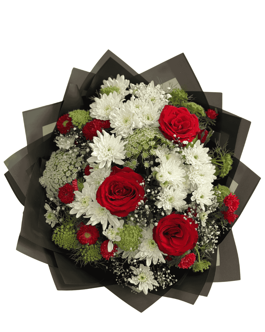 Bold and romantic — this striking bouquet combines deep red roses, red gerberas, white chrysanthemums, and lush greenery, wrapped in matte black paper with a crimson satin ribbon. A showstopping gift for birthdays, anniversaries, or date nights.