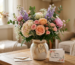 Colorful bouquet in a vase with a Happy Mother's Day tag and a card on a wooden table
