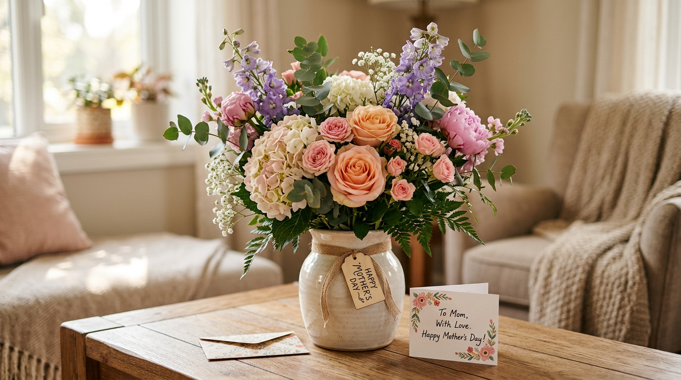 Colorful bouquet in a vase with a Happy Mother's Day tag and a card on a wooden table